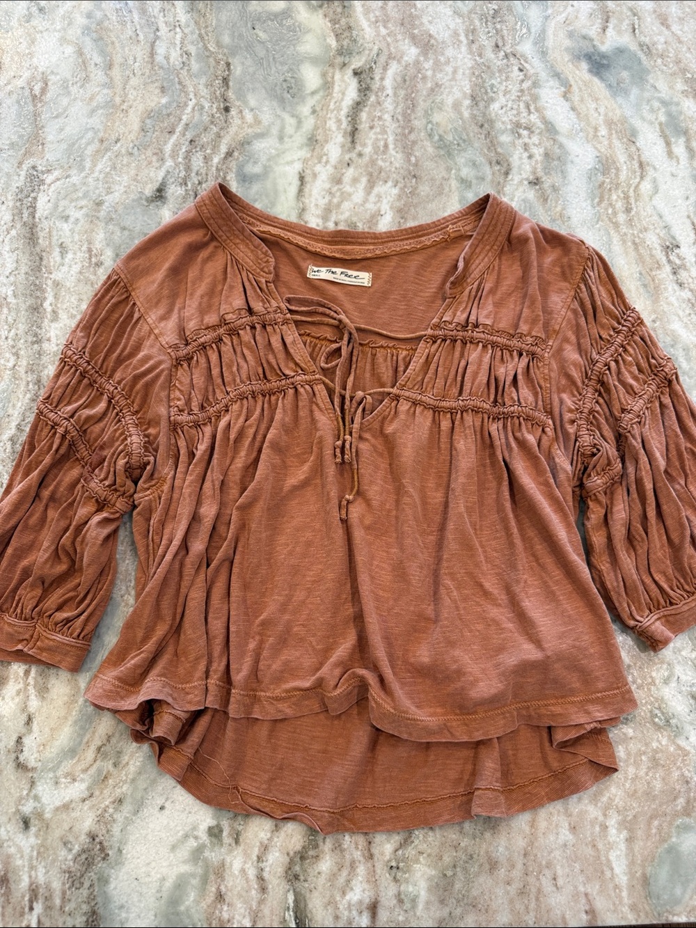 We The Free Burnt Orange Smocked Tie-Front Short Sleeve Top